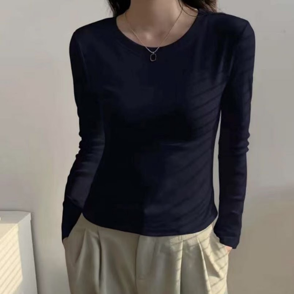 T-shirt sagomata cotone a costina manica lunga donna