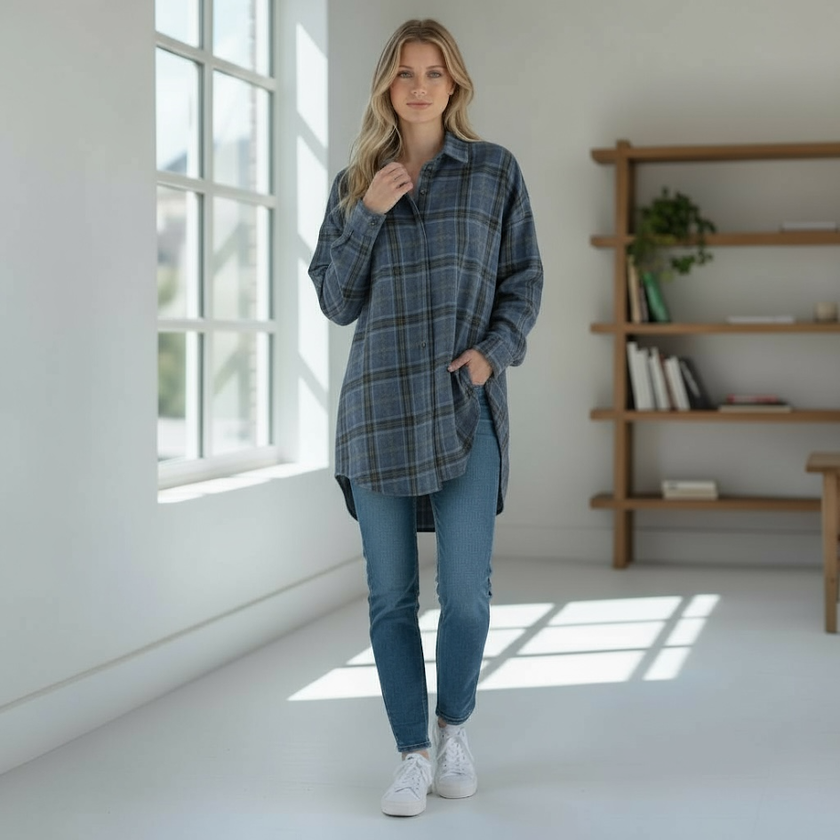 Camicione morbido manica ballon in panno scozzese blusa donna