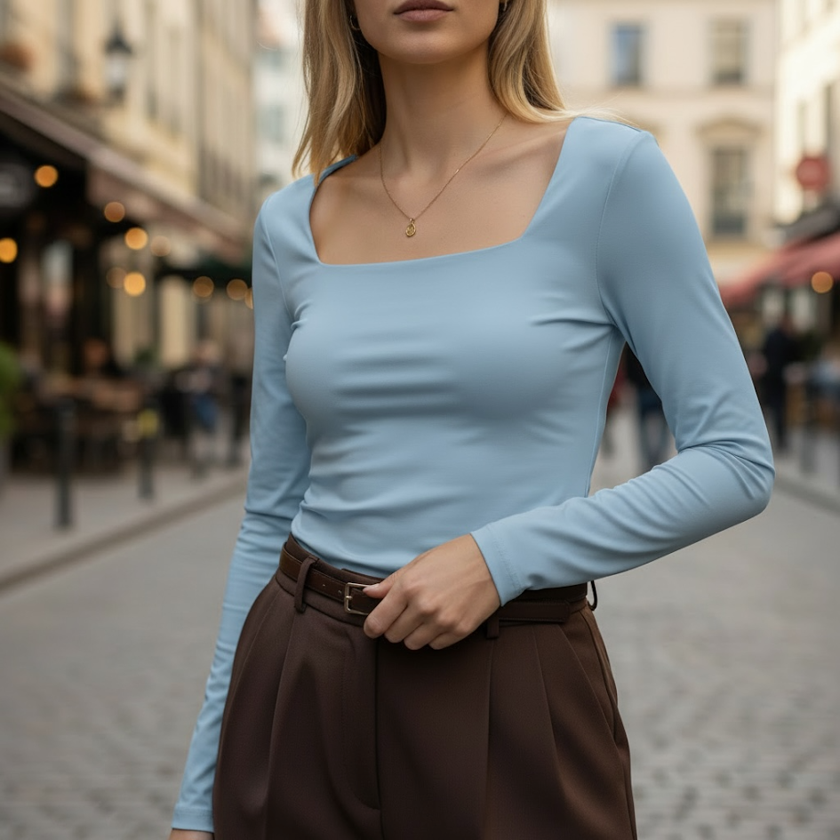 Maglia corta con coppe scollo barca manica lunga top donna