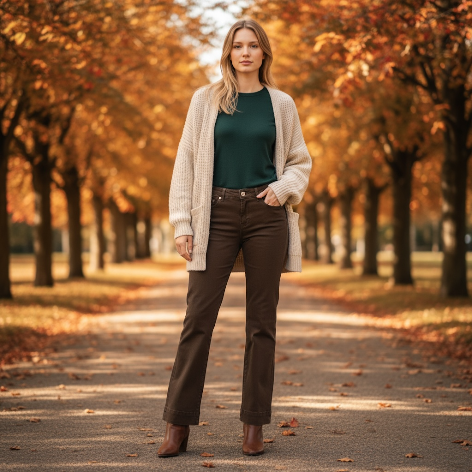 Jeans marrone elasticizzato zampa vita alta donna