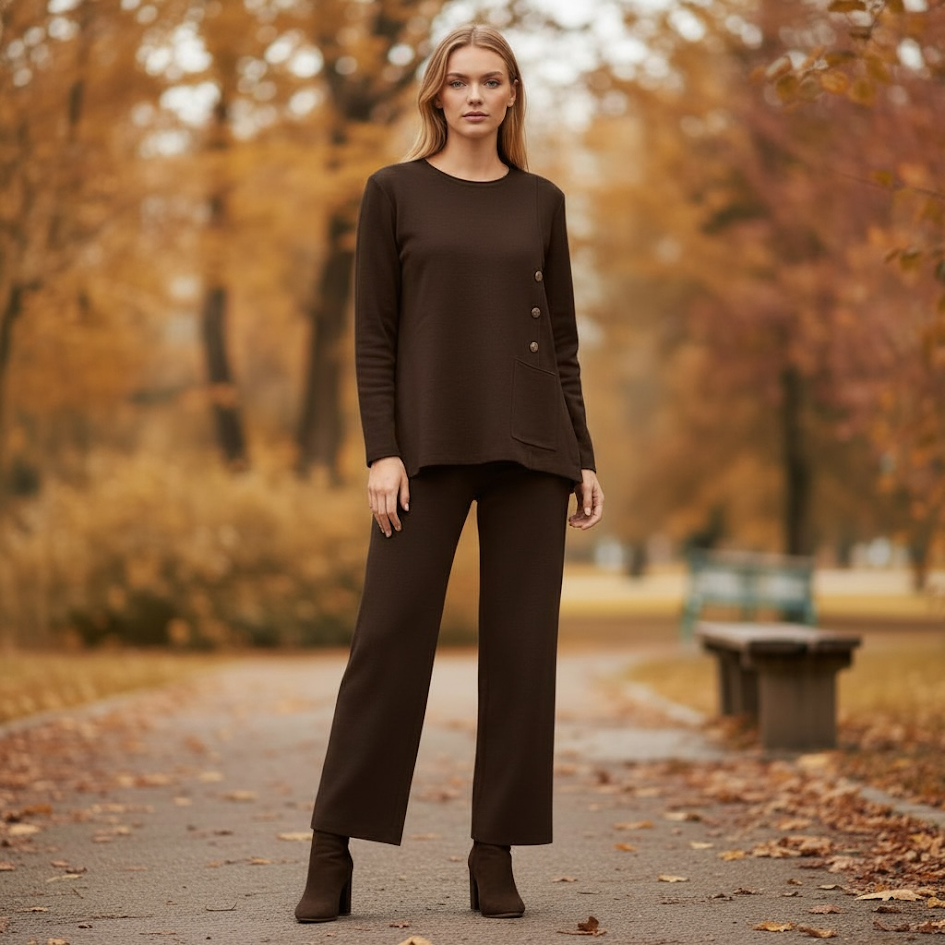 Coordinato in maglia spessa blusa morbida dettagli laminati