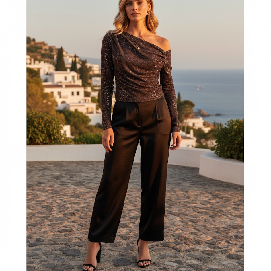 Blusa corta scollo obliquo con micro paillettes