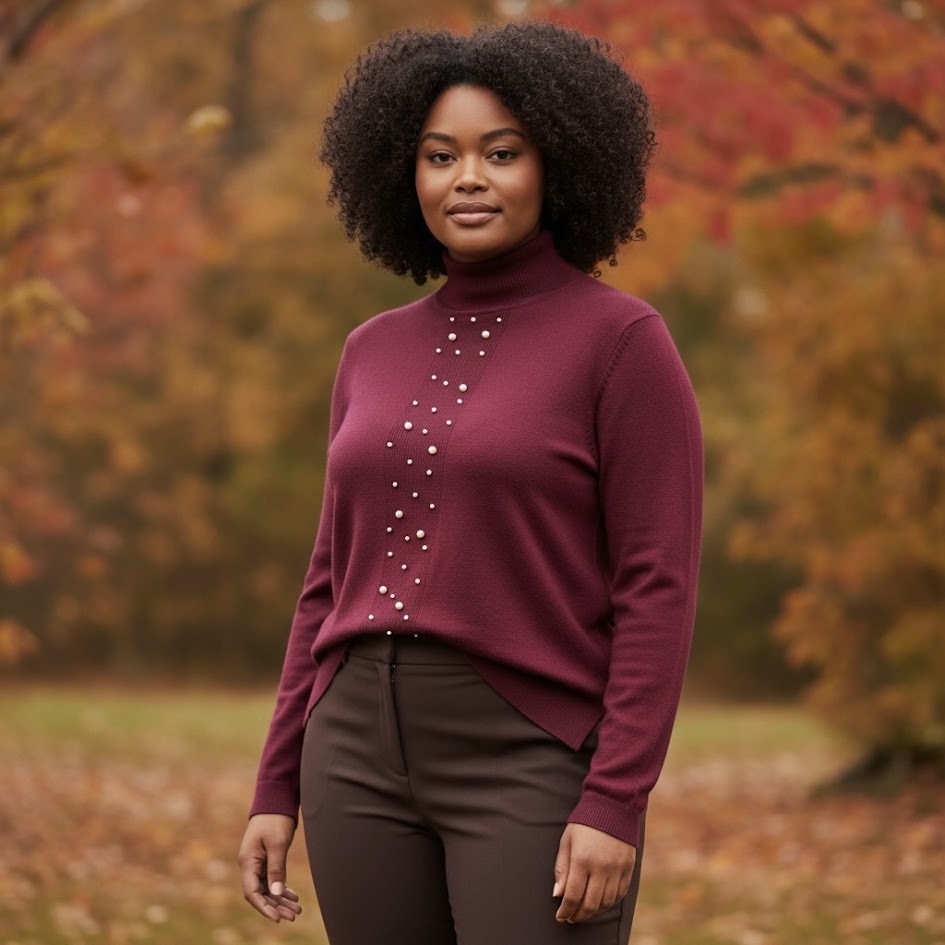 Lupetto donna curvy in maglia rasata dettaglio perle e spacchi ai lati
