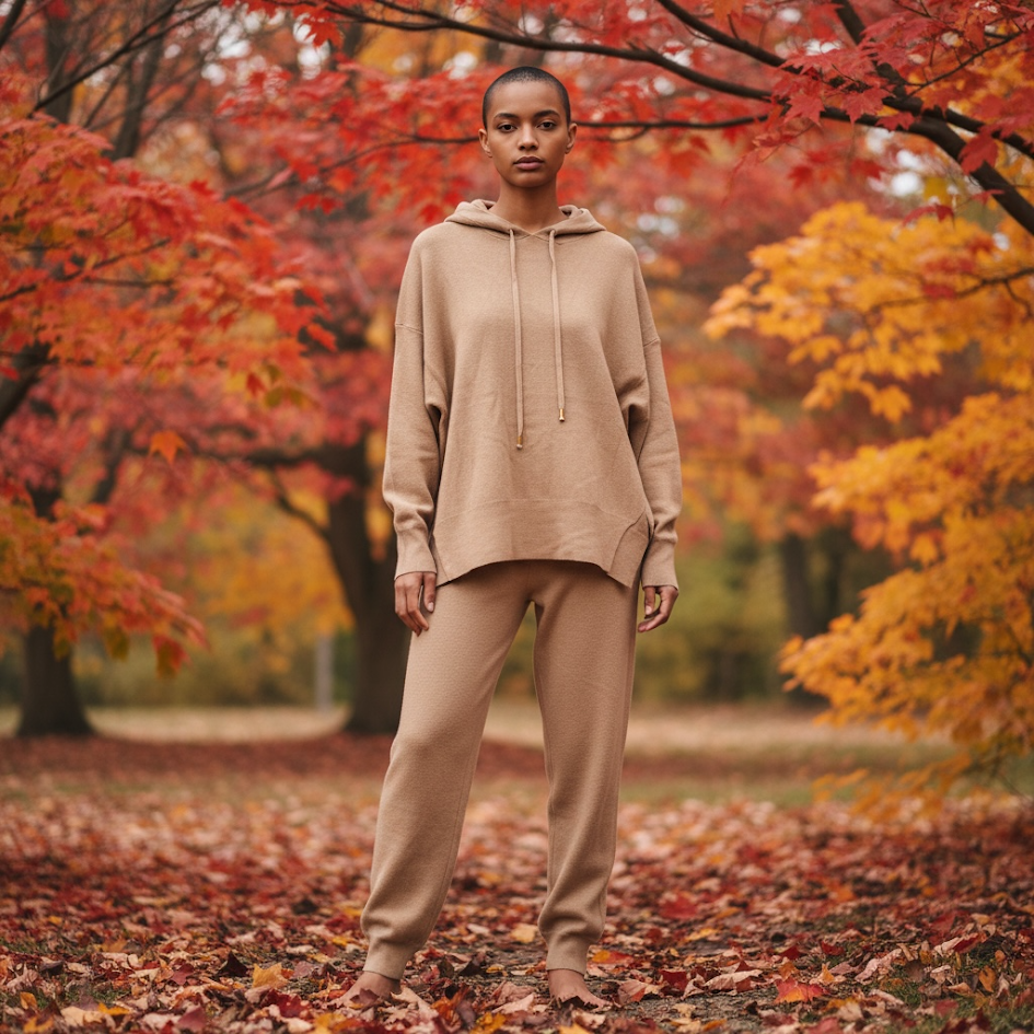 Coordinato in maglia spessa blusa morbida con cappuccio e spacchi laterali