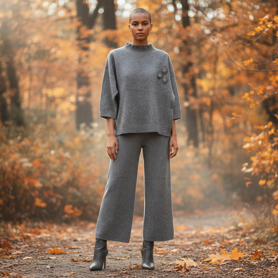 Coordinato donna in maglia spessa manica tre quarti invernale