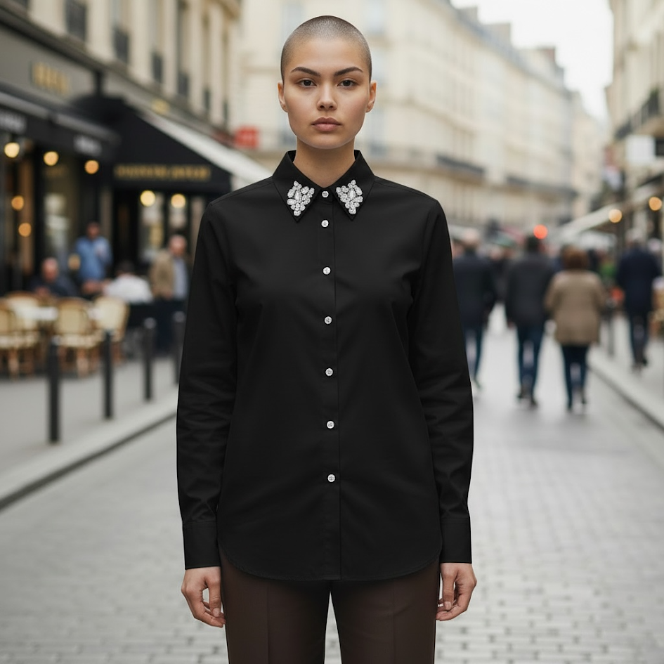 Camicia in cotone elastico diamanti sul colletto e sui bottoni centrali