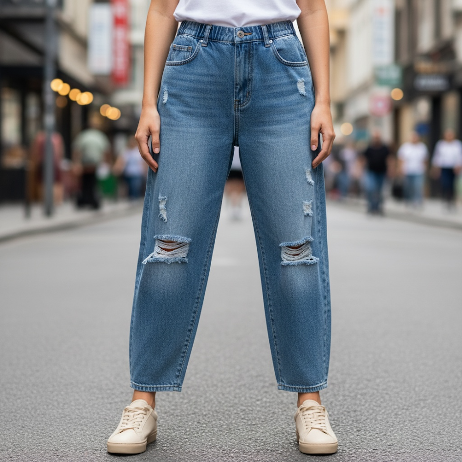 Jeans donna ballon strappato elastico in vita