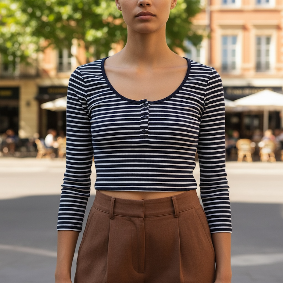 Maglia corta manica lunga in cotone elasticizzato a costine