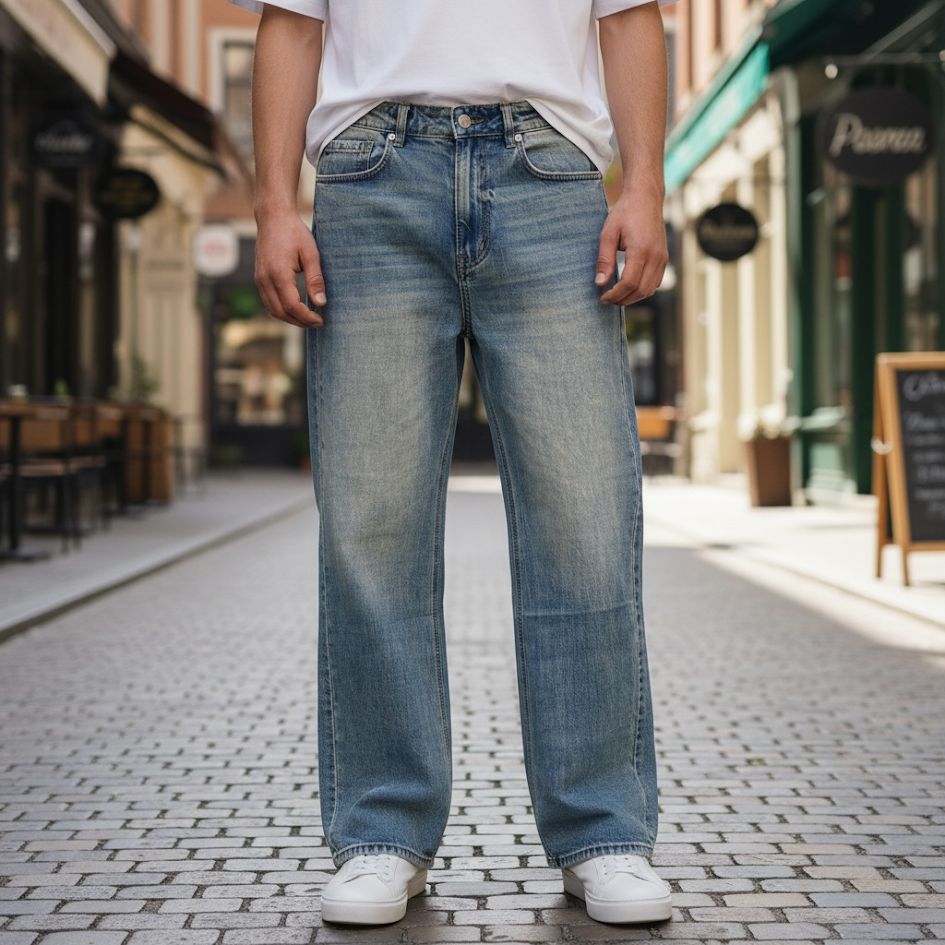 Jeans uomo leggermente a zampa tessuto semi elastico