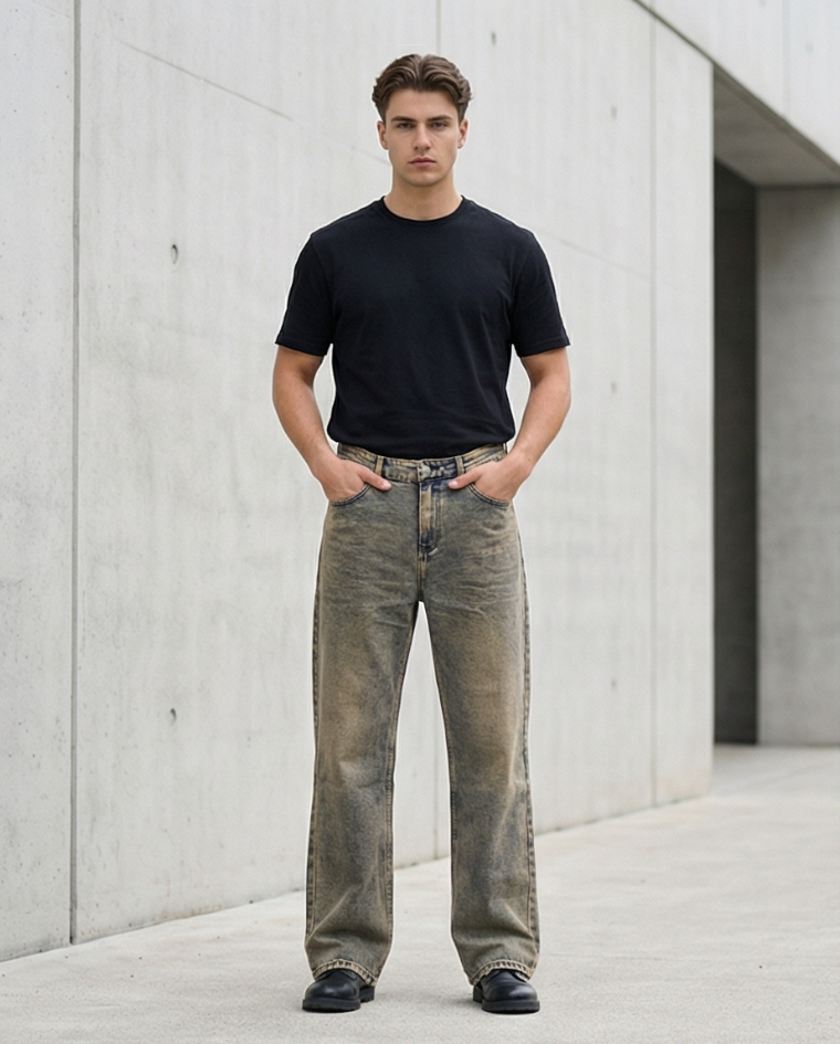 Jeans trendy largo uomo sabbiato tessuto elastico