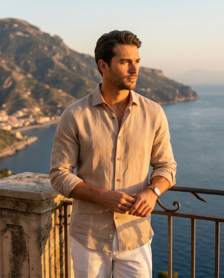 Camicia uomo effetto lino collo francese