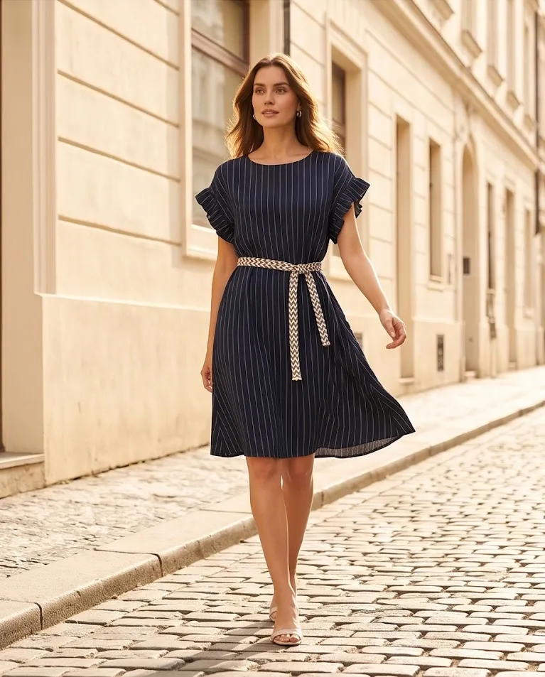 Abito comodo gessato con cintura elastica donna