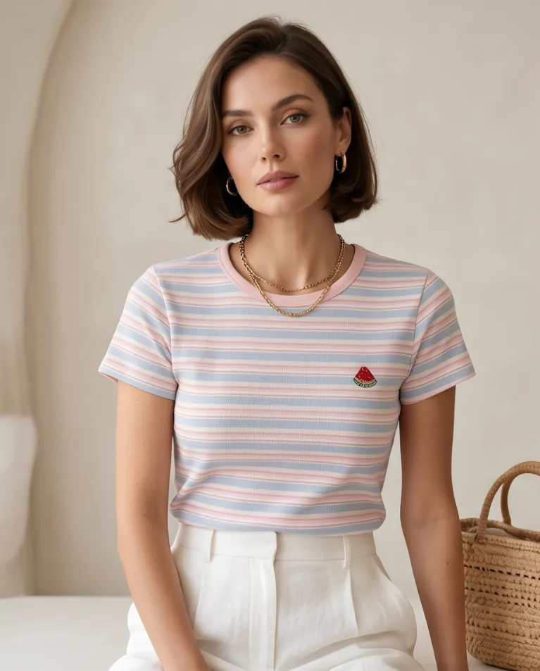 Maglia sagomata a coste dettaglio frutti donna