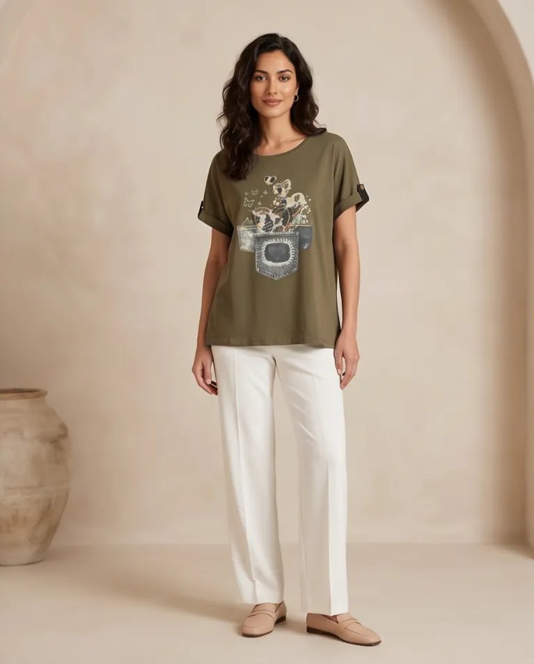 Blusa comoda in cotone maglia stampa donna