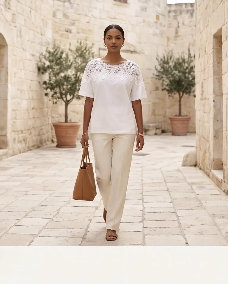 Blusa comoda cotone e uncinetto maglia casual donna
