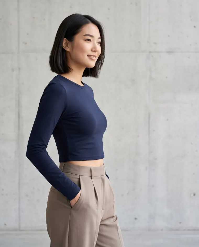 Maglia corta sagomata in cotone manica lunga donna