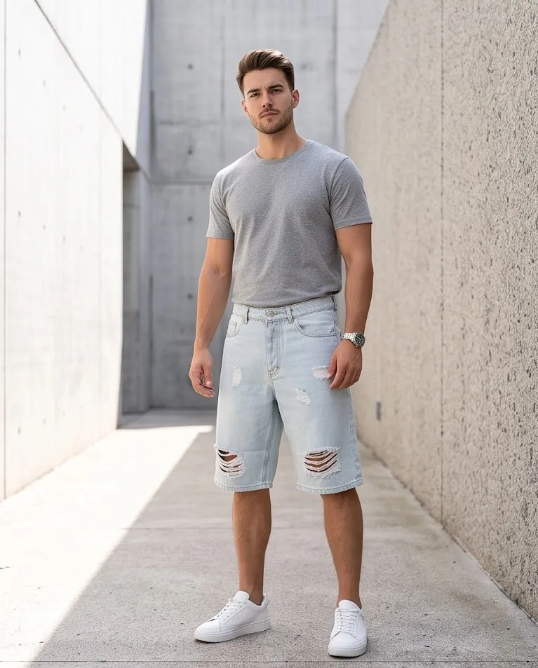 Bermuda jeans chiari strappati uomo