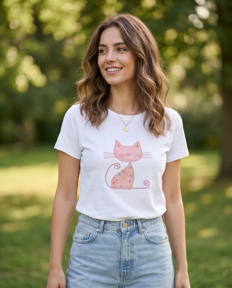 T-shirt casual ricamo cat maglia cotone donna