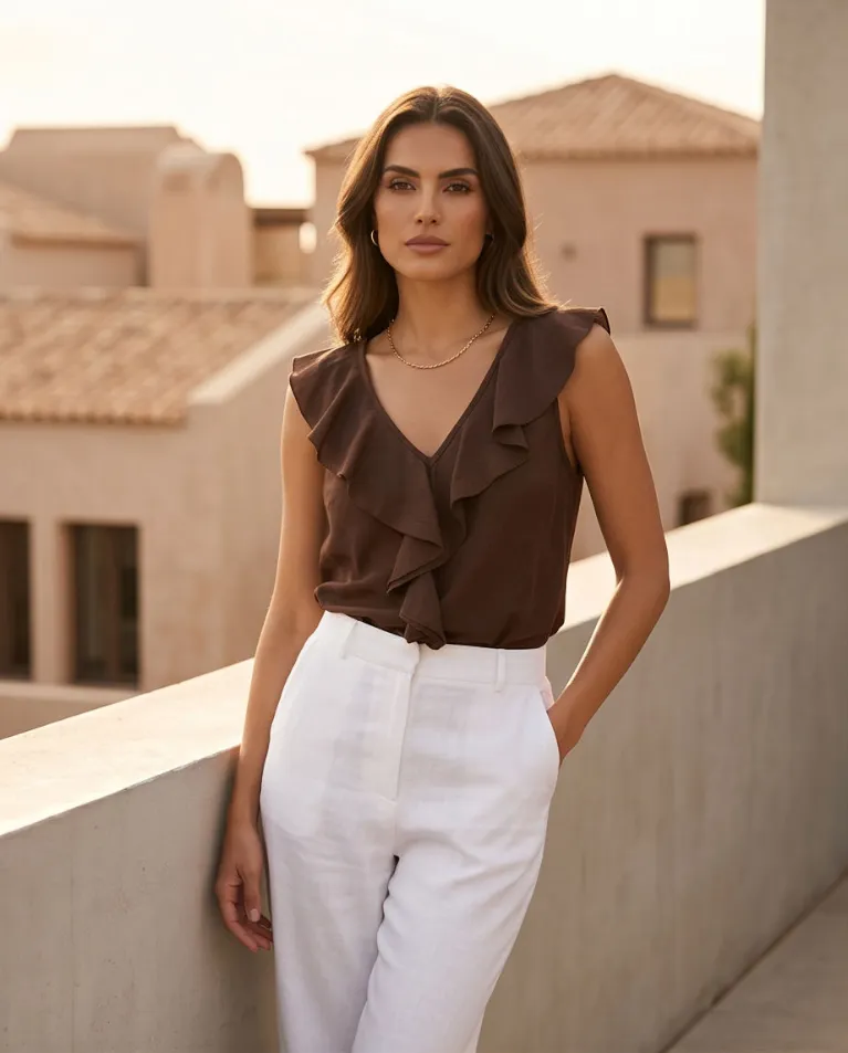Blusa scollata tessuto effetto lino casual donna