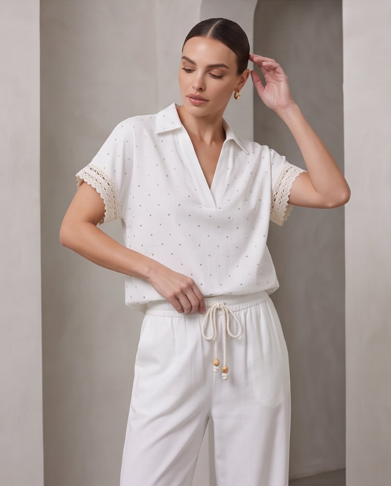 Coordinato blusa strass con palazzo donna