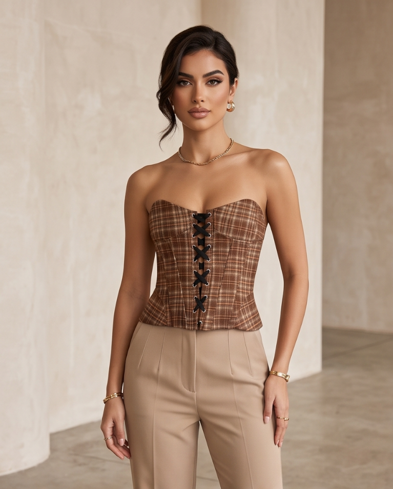Corsetto rigido allacciato fantasia scozzese donna