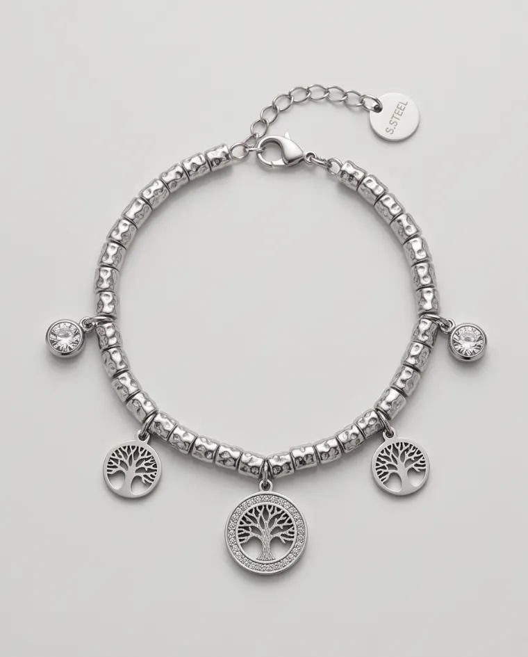 Bracciale acciaio albero della vita con diamantini