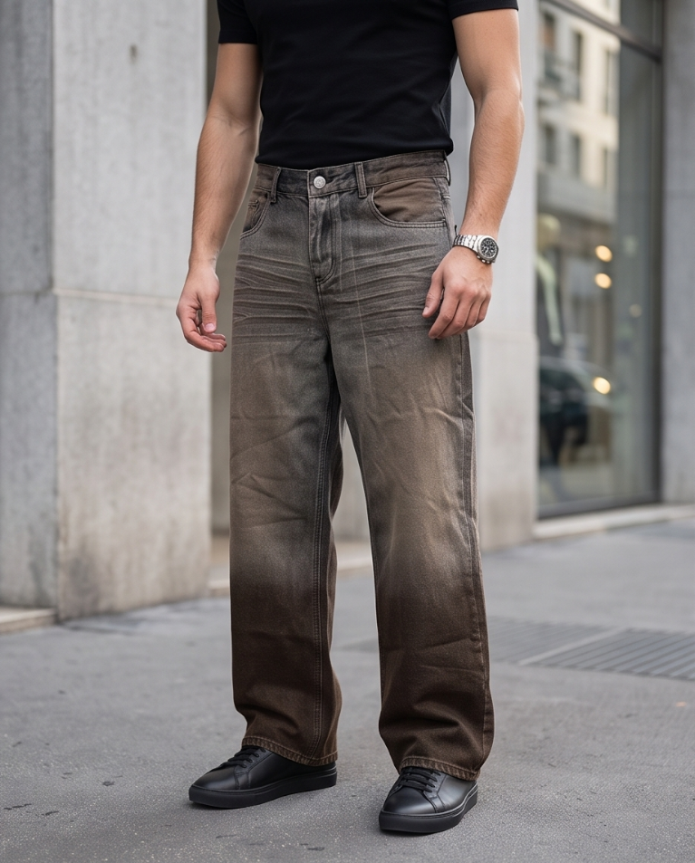 Jeans largo uomo lavaggio marrone