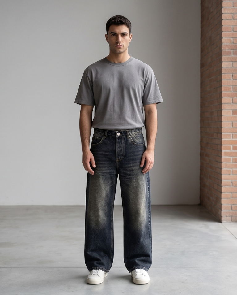 Jeans larghi uomo lavaggio scuro sabbiato