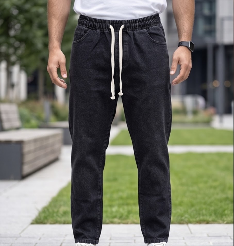 Jogger nero tessuto fermo jeans uomo