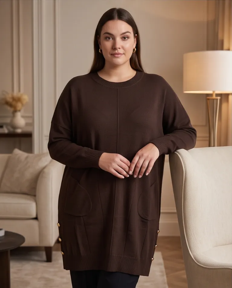Maxi maglione curvy in maglia rasata dettaglio bottoni