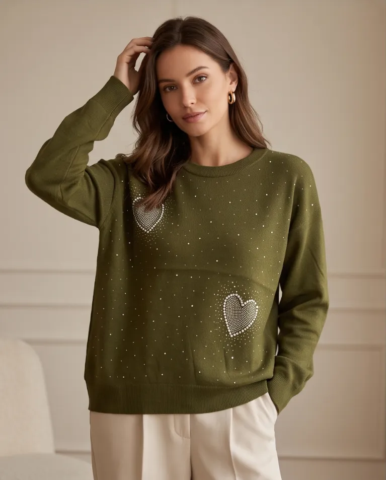 Maglioncino a scatola cuore strass donna