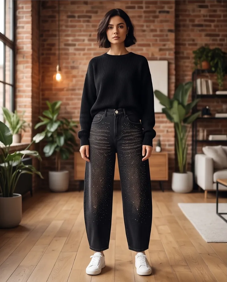 Ballon nero con strass jeans donna