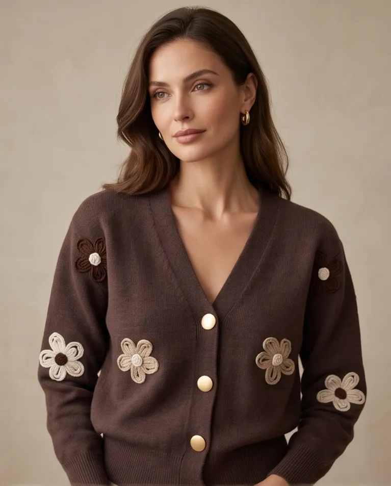 Cardigan morbido dettaglio fiori donna
