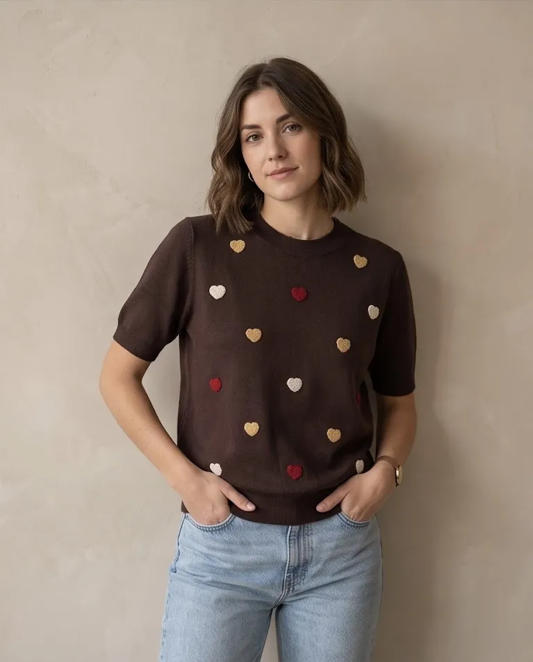 Maglioncino maniche corte dettaglio cuori vestibilità morbida