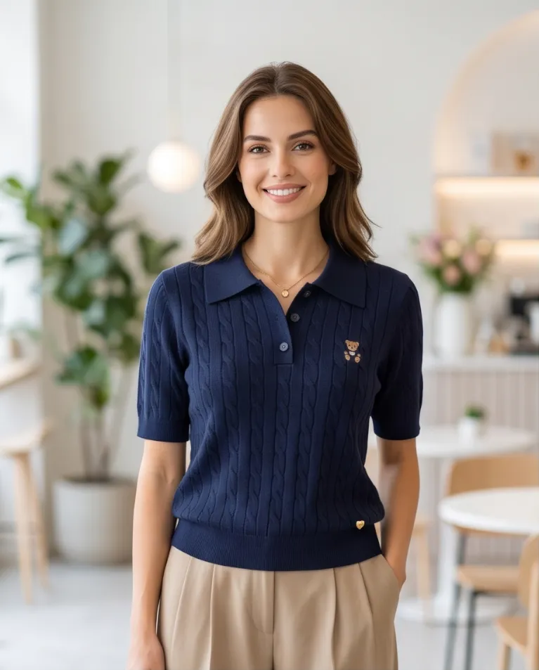 Maglioncino manica corta trecce ricamo orsetto colletto polo donna