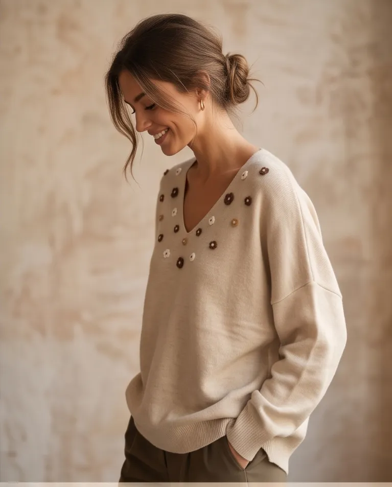 Maglioncino morbido scollato ricamo fiori donna