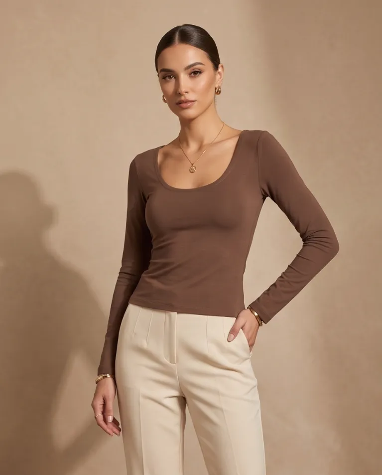 Maglia scollata caldo cotone manica lunga donna