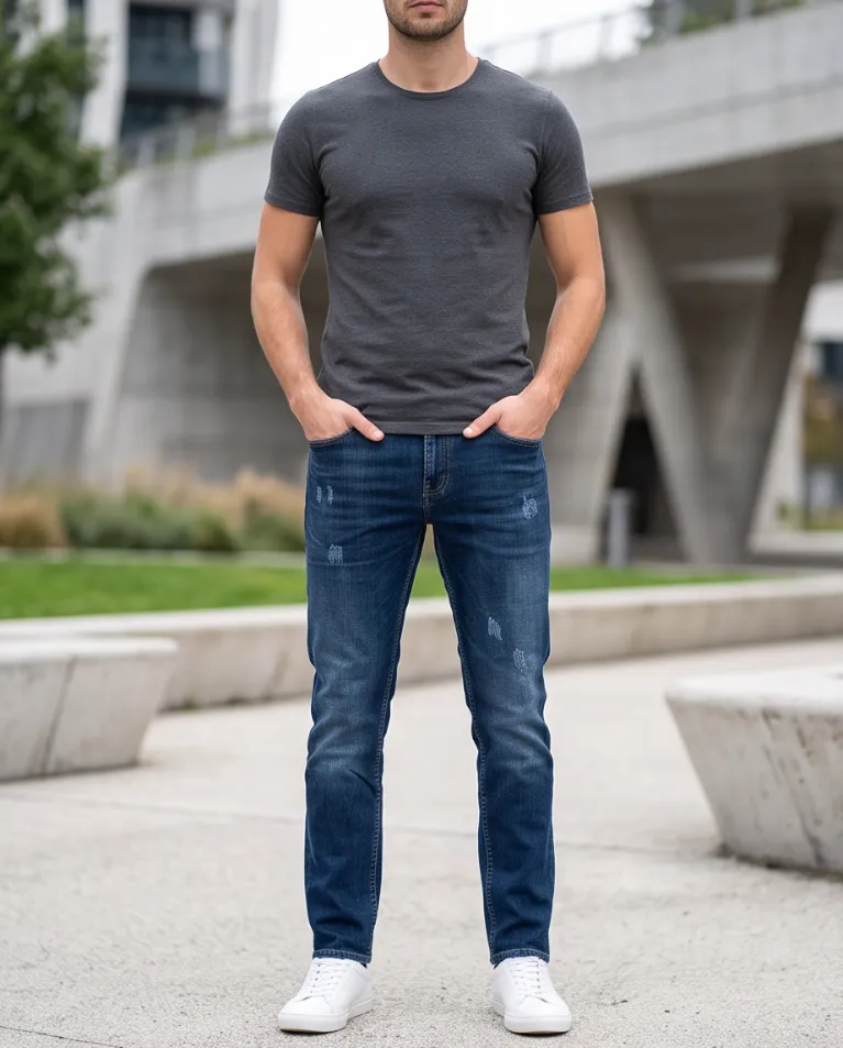 Jeans sagomato graffiato lunghezza regolare uomo