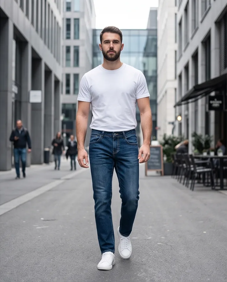 Denim scuro sagomato uomo lunghezza regolare