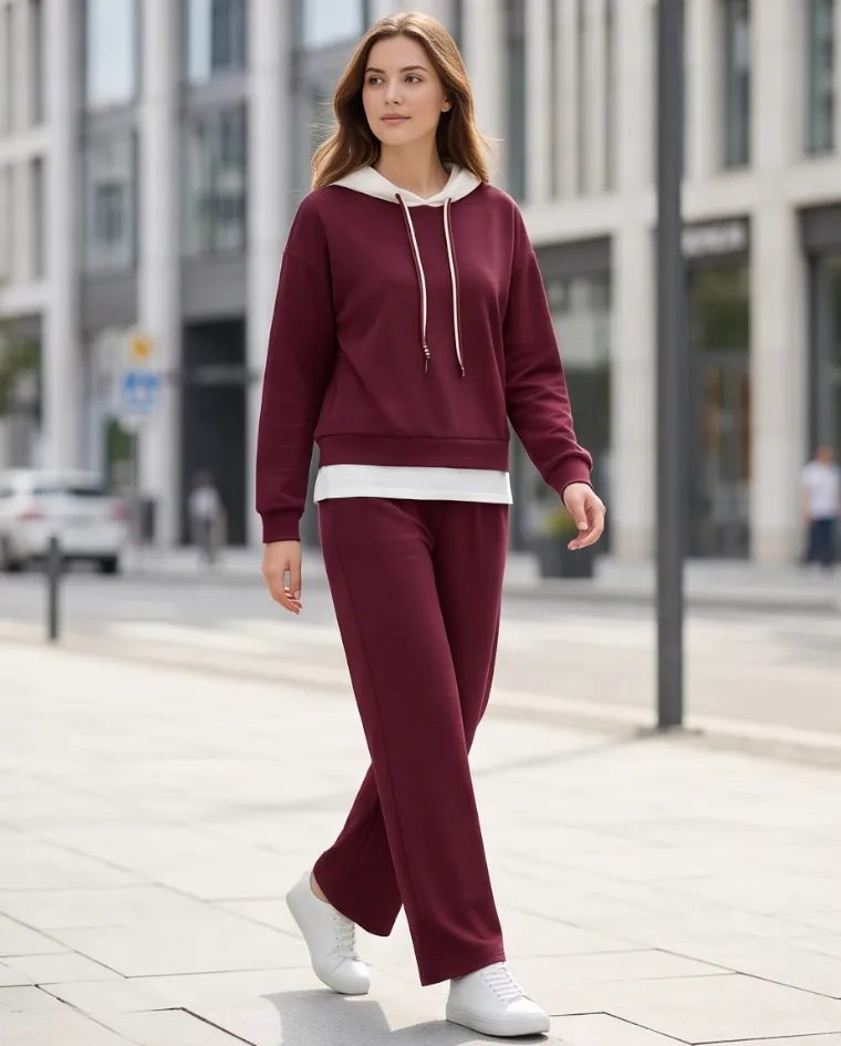 Completo tuta donna media stagione felpa balza pantalone dritto