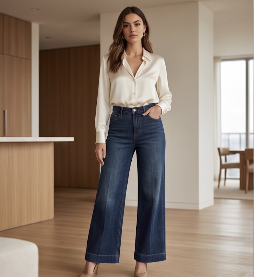 Jeans palazzo risvolto cuciture elasticizzato