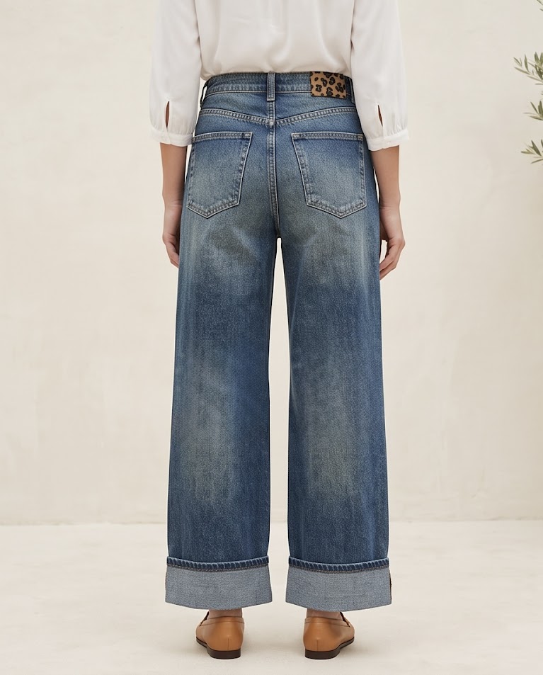 Jeans palazzo con balze donna