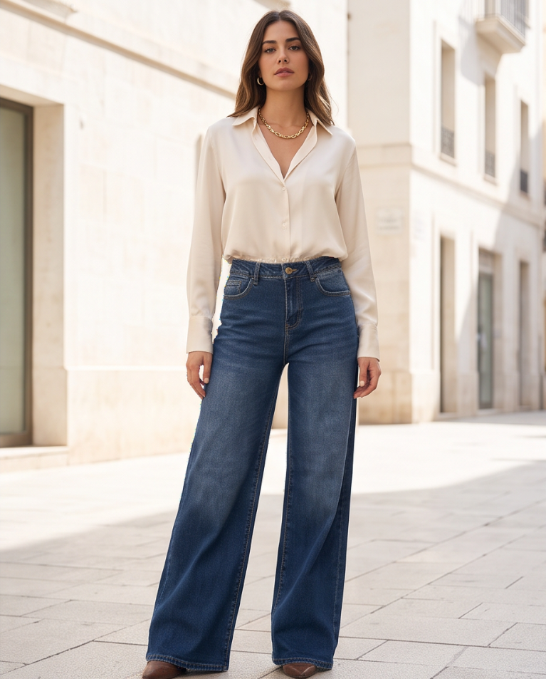 palazzo elasticizzato jeans largo donna