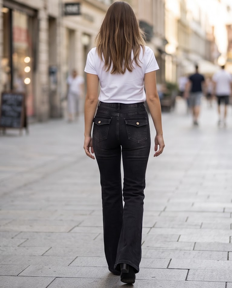 Jeans zampa nero sfumato dettaglio tasche