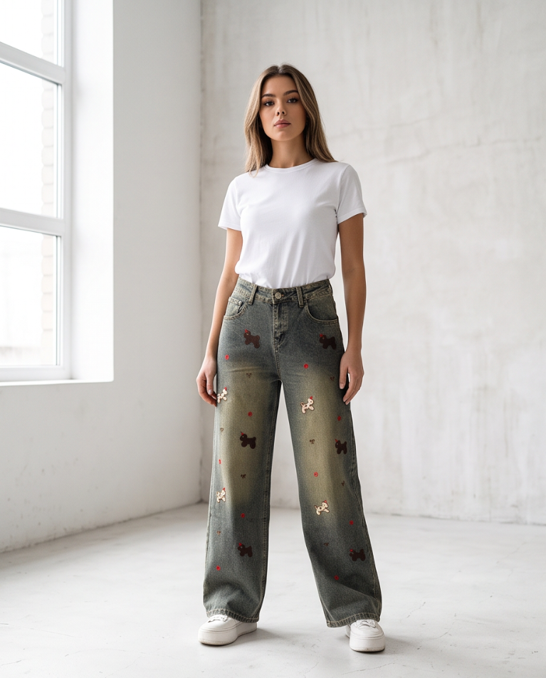Jeans palazzo dettaglio ricami donna