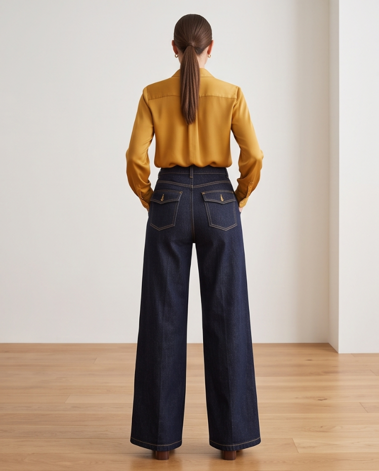 Denim scuro palazzo dettaglio tasche donna