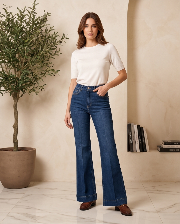 Jeans scuro zampa balza cucita elasticizzato donna
