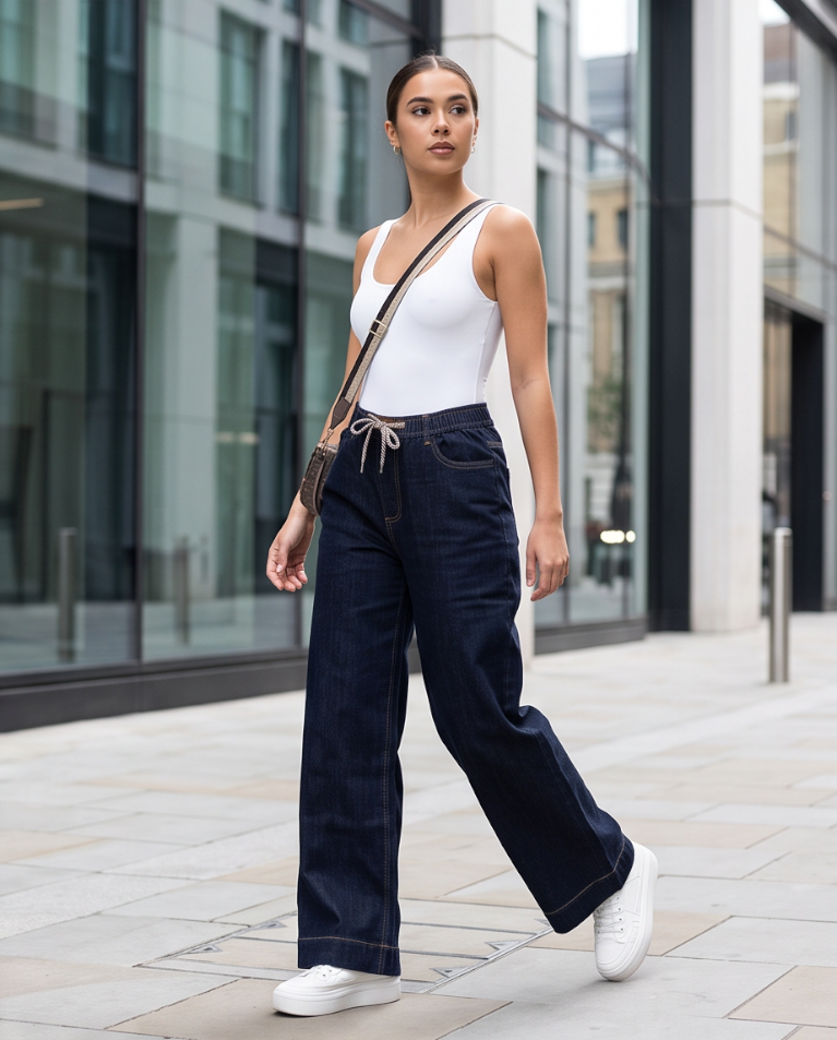Jogger scuro palazzo jeans elastico in vita donna