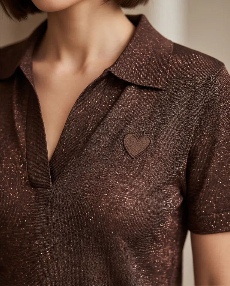Maglia polo laminata trasparente ricamo cuore donna