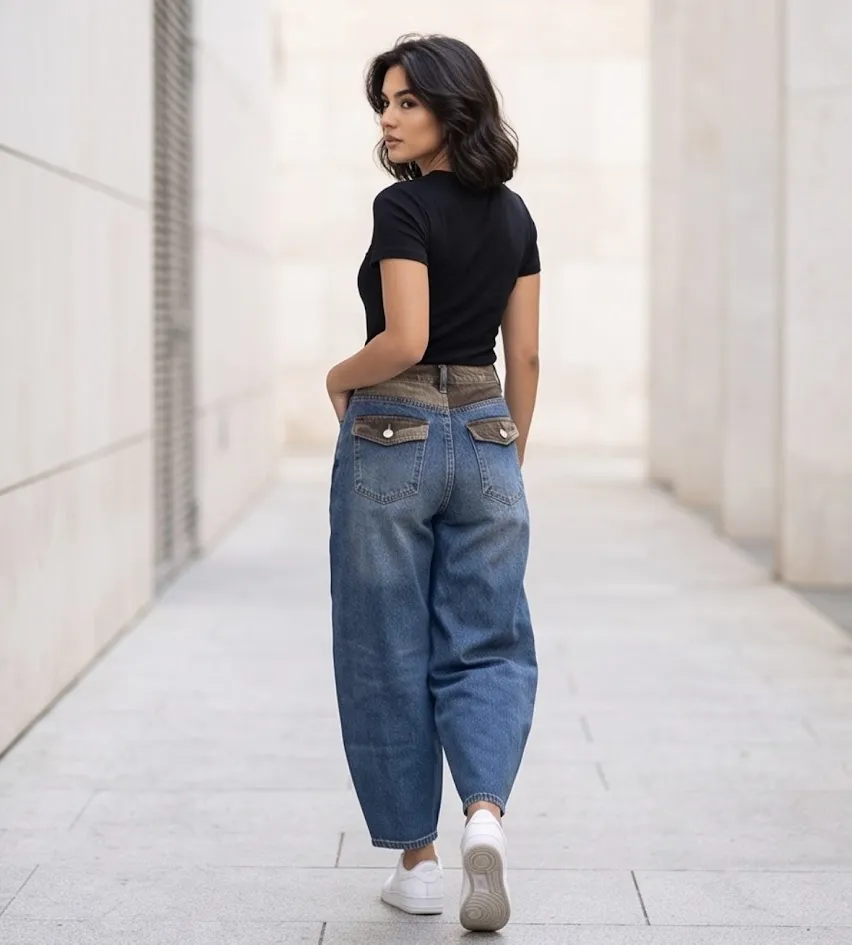 Jeans ballon donna dettagli mimetici